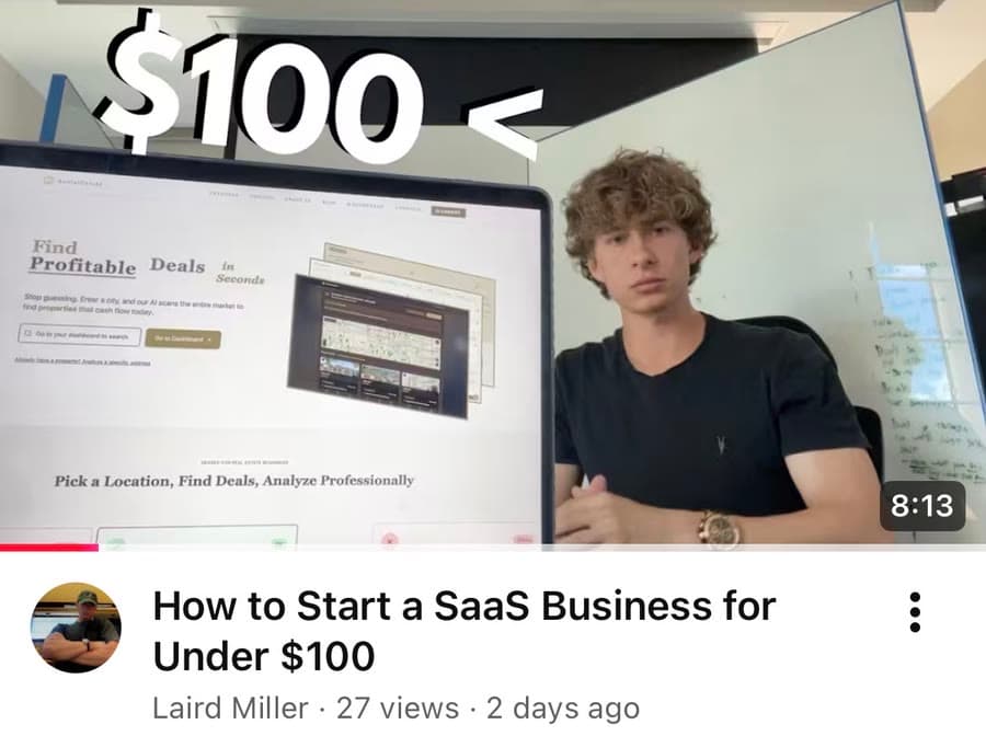 Laird Miller YouTube thumbnail about starting a SaaS business under $100