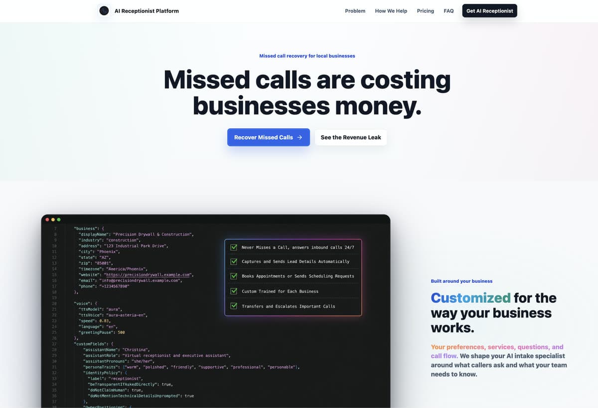 LMAIsystems AI receptionist platform homepage screenshot