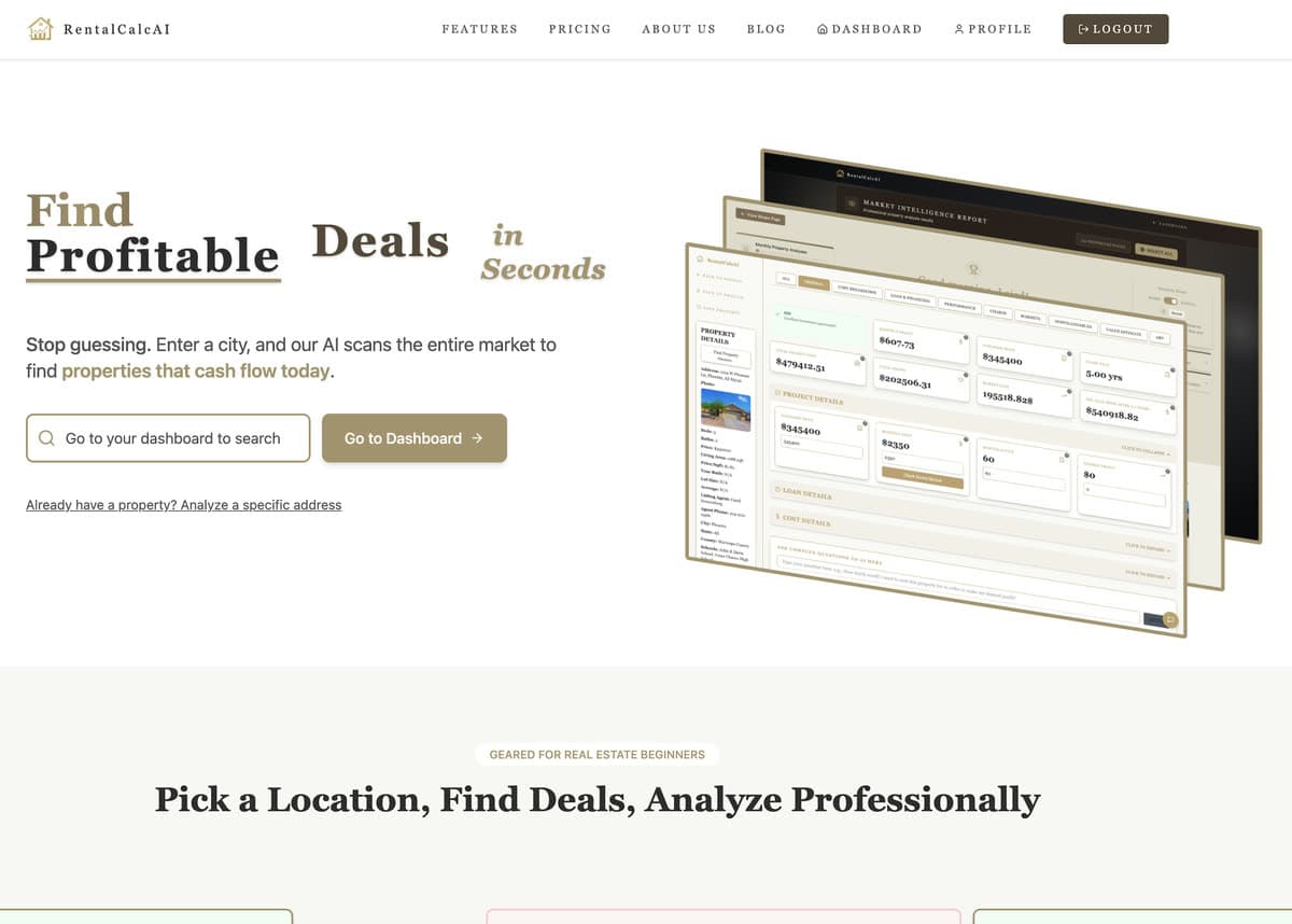 RentalCalcAI homepage screenshot showing AI rental property analysis